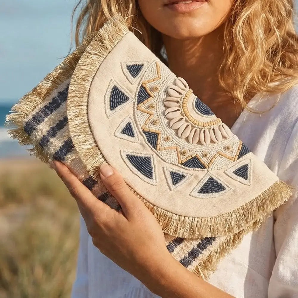 Beaded Fringe Mandala Sea Shell Clutch Bag