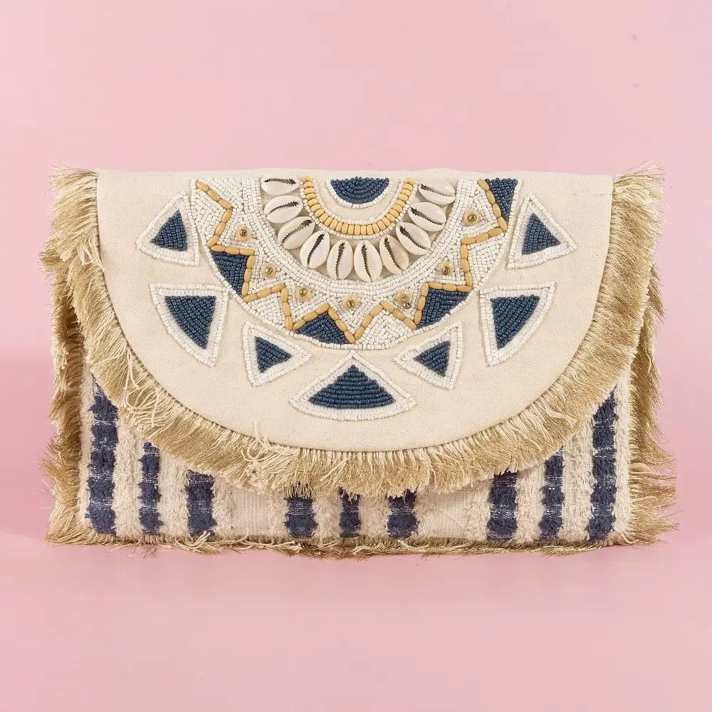 Beaded Fringe Mandala Sea Shell Clutch Bag
