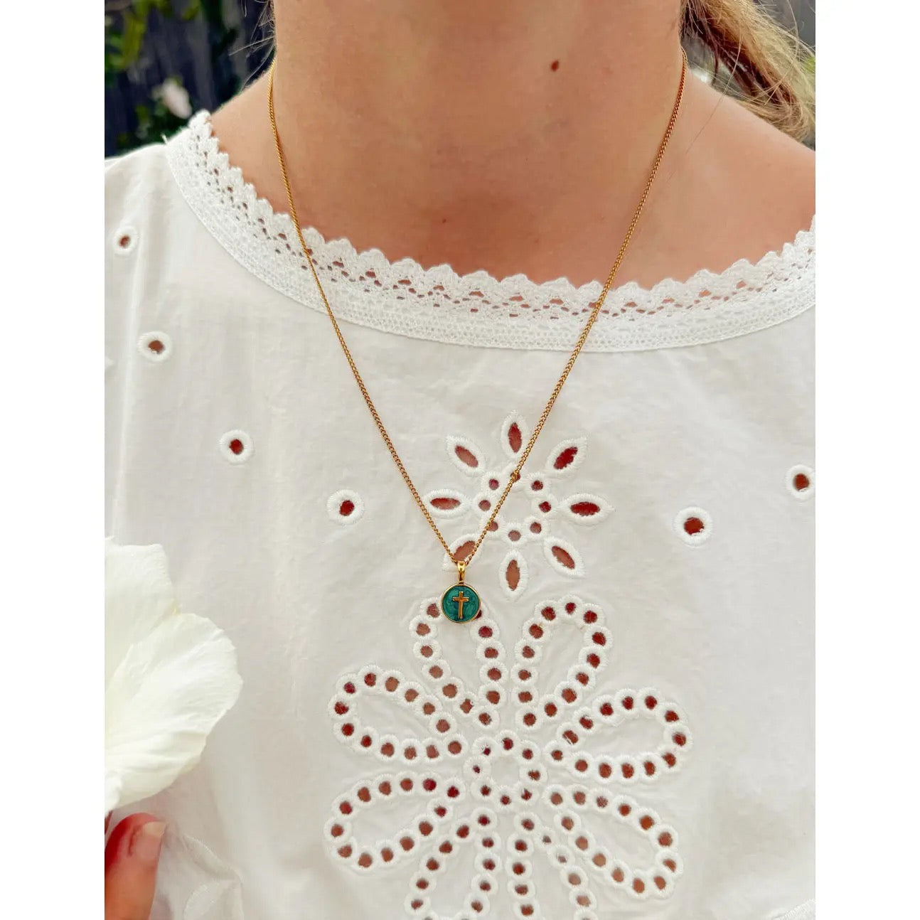 Emerald Enamel Cross Circle Necklace