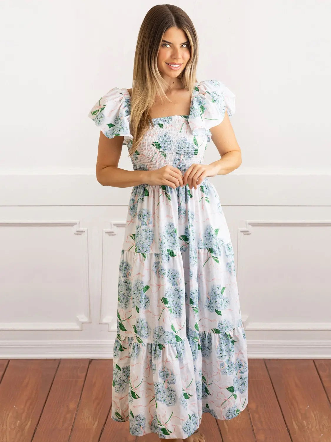 Hydrangea Ribbons Smocked Flutter Sleeve Dress
