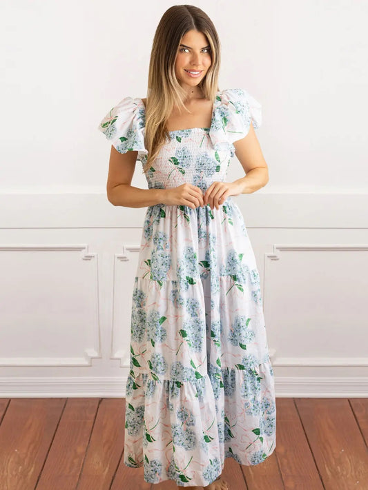 Hydrangea Ribbons Smocked Flutter Sleeve Dress