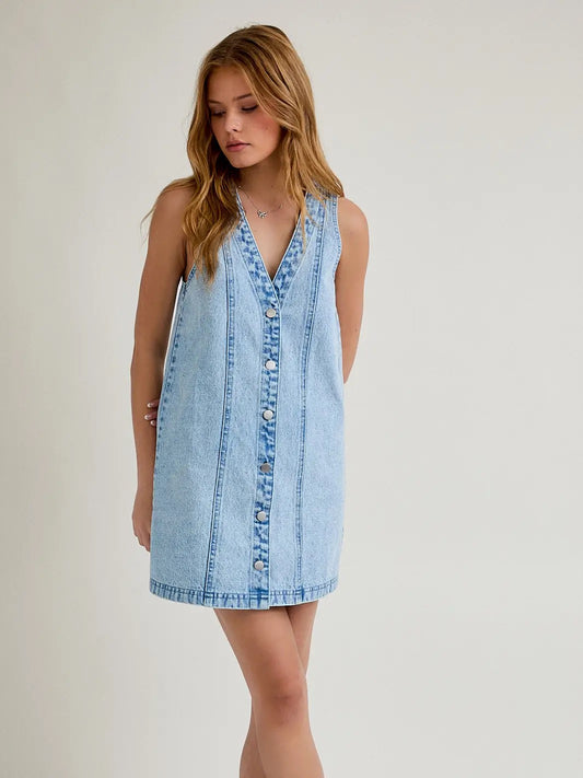Denim Sleeveless V-Neck Button Down Mini Dress