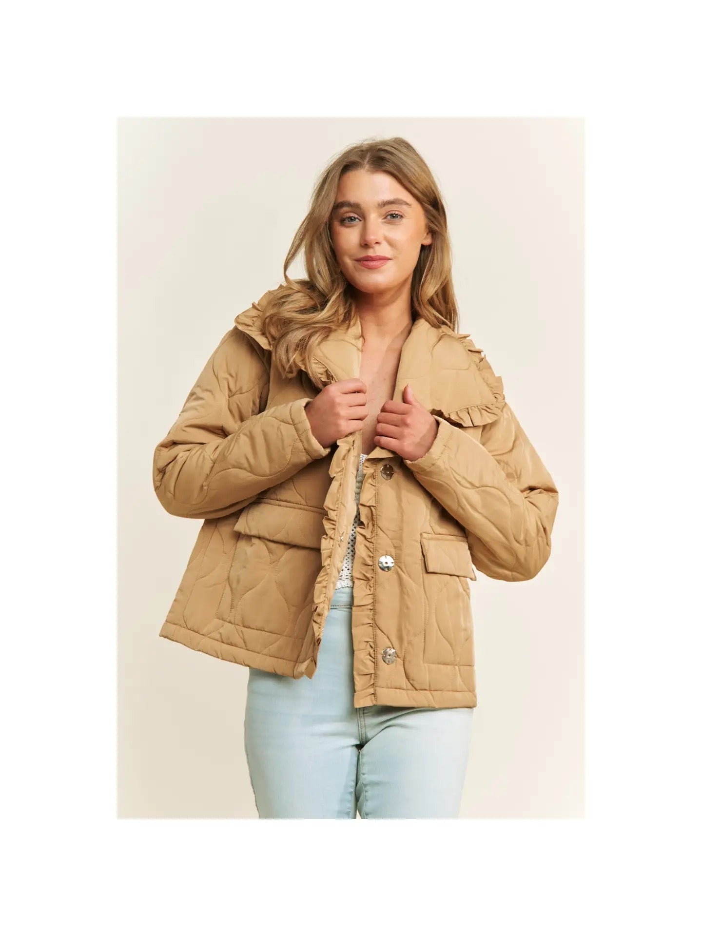 Taupe Ruffle Detail Quilted Jacket