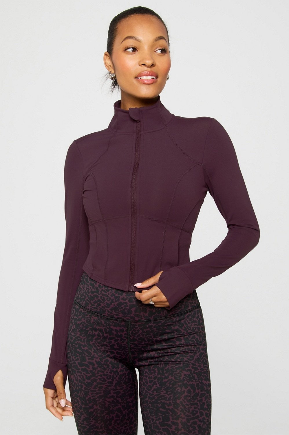 Fabletics Perfect Storm Cropped Train Jacket-Oxblood