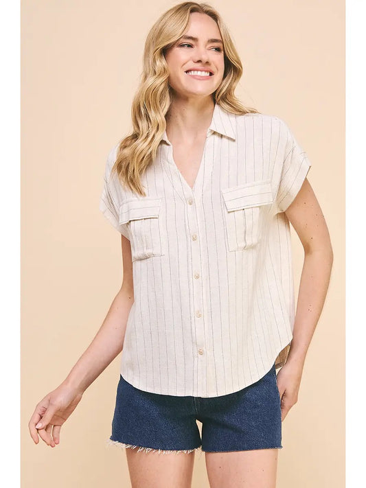 Off White Stripe V-Neck Linen Blend Shirt