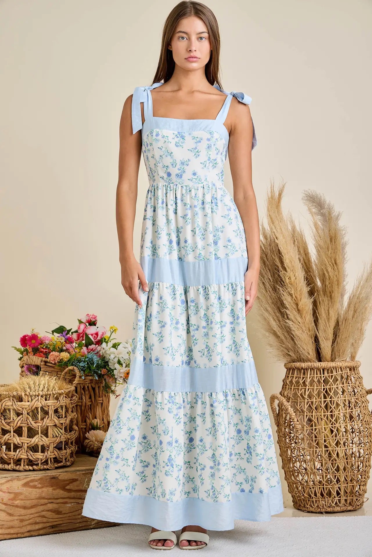 Blue Floral Print Maxi Shoulder Tie Dress