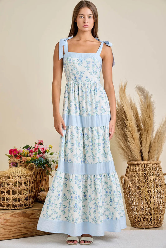 Blue Floral Print Maxi Shoulder Tie Dress