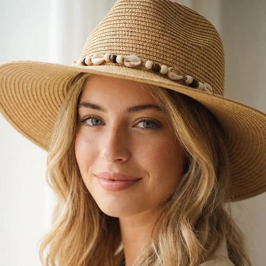Beaded Cowrie Shell Straw Hat