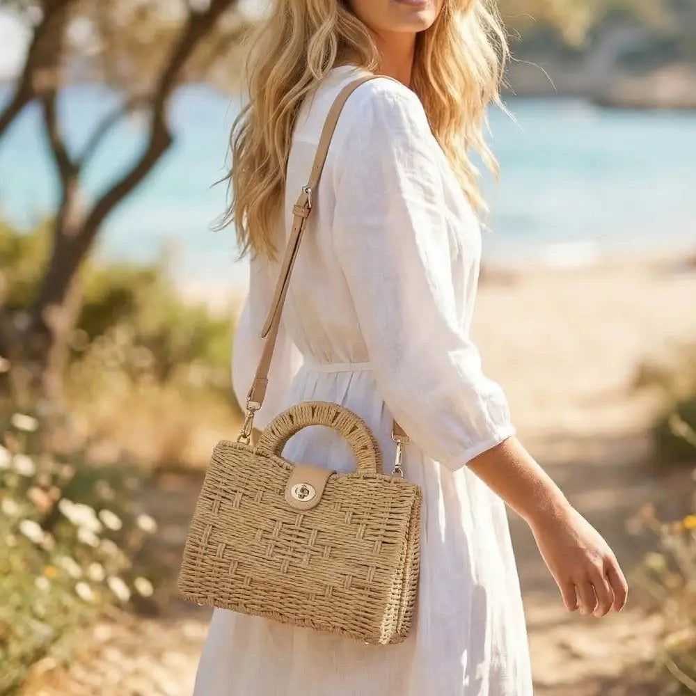 Natural Woven Straw Structured Top Handle Bag