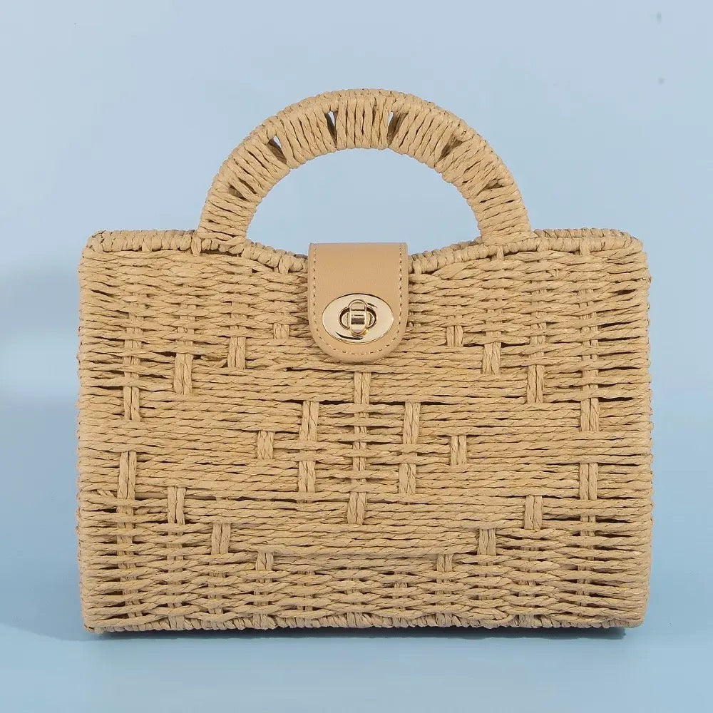 Natural Woven Straw Structured Top Handle Bag