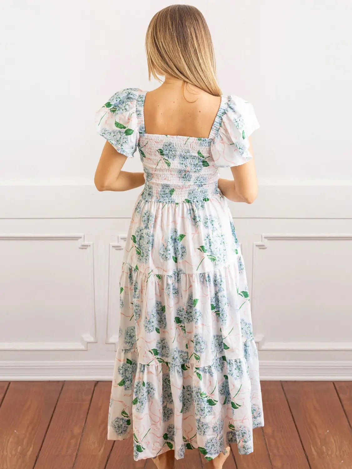 Hydrangea Ribbons Smocked Flutter Sleeve Dress