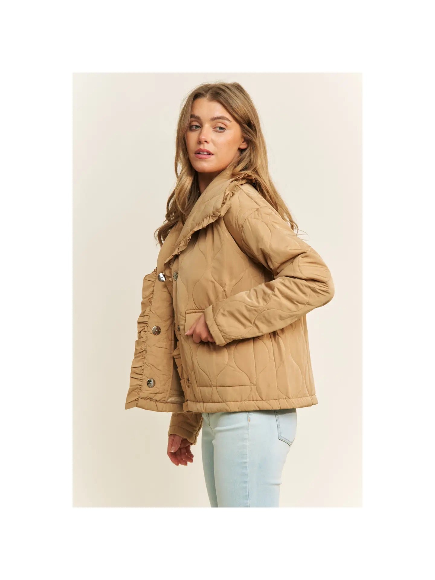 Taupe Ruffle Detail Quilted Jacket
