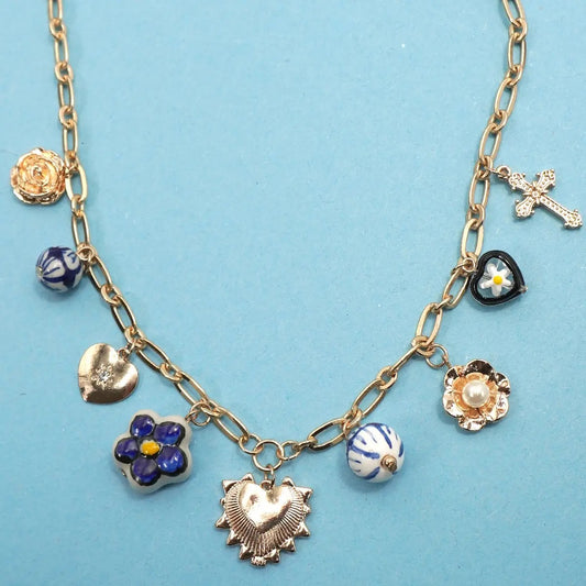 Blue Porcelain Heart Cross Charm Necklace