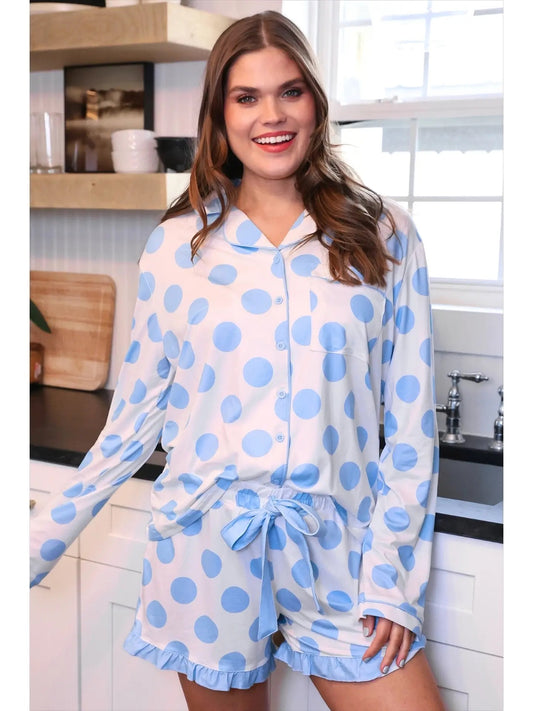 Blue Dotty Darling Ruffle PJ Set
