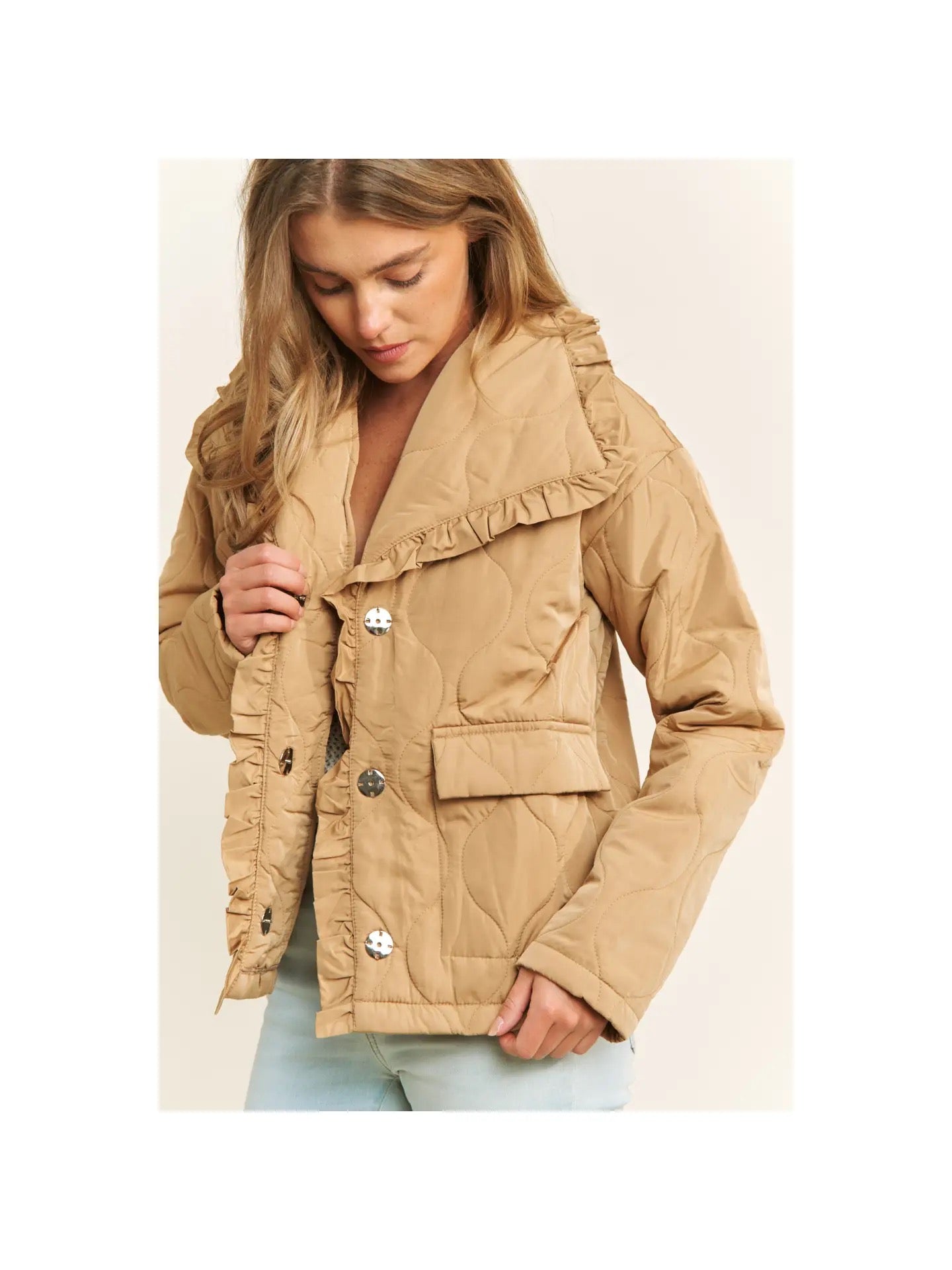 Taupe Ruffle Detail Quilted Jacket