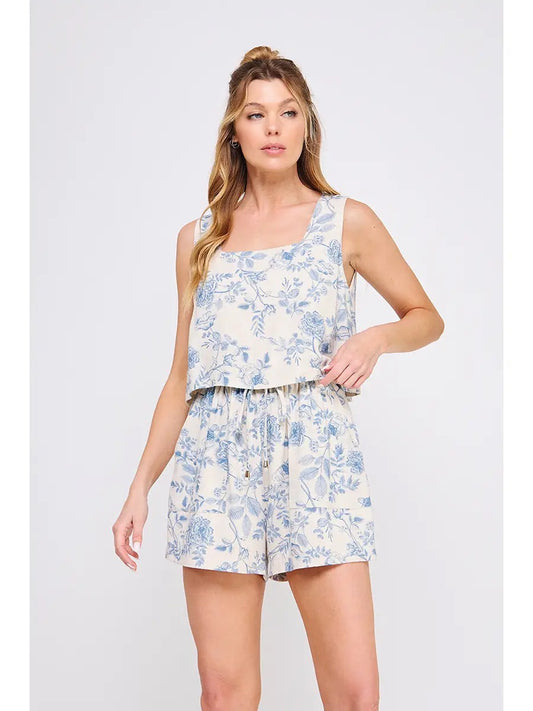 Blue Blossom Printed Soft Linen Romper