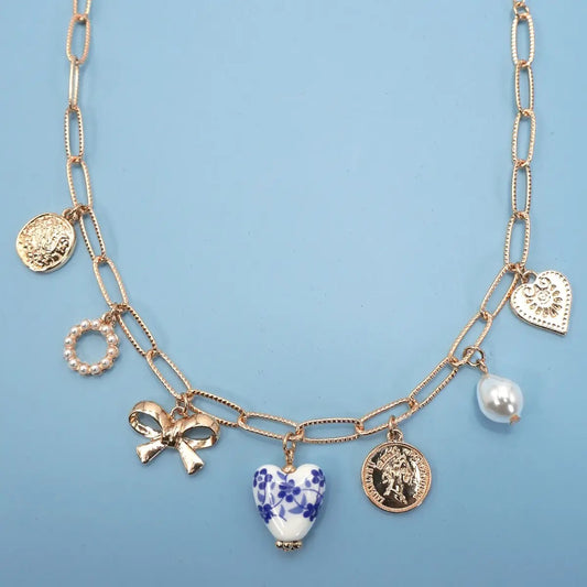 Blue Porcelain Bow Heart Charm Necklace