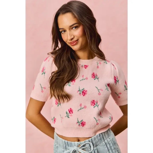 Pink Floral Puff Sleeve Knit Top