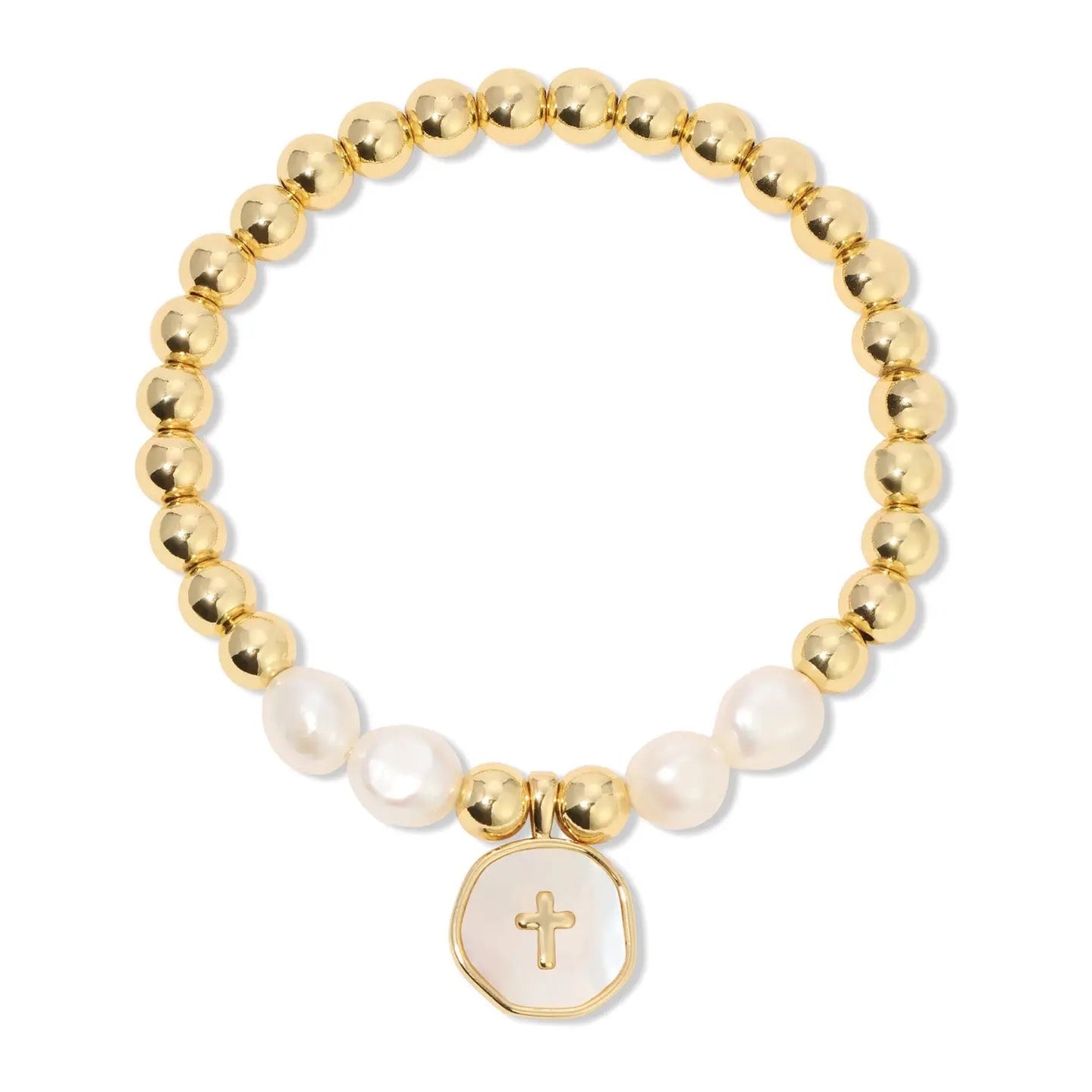 Freshwater Pearl/Gold Bead Cross Bracelet