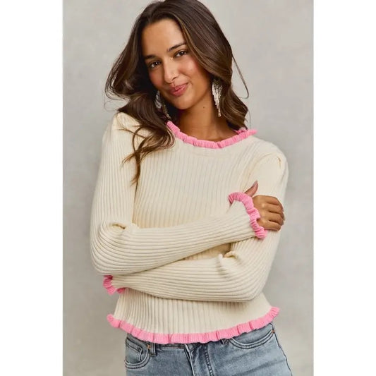 Ivory Ribbed Knit Top with Pink Ruffle Edge