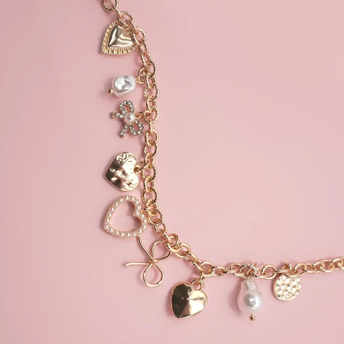 Bow Heart Pearl Charm Bracelet