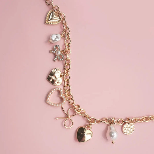 Bow Heart Pearl Charm Bracelet