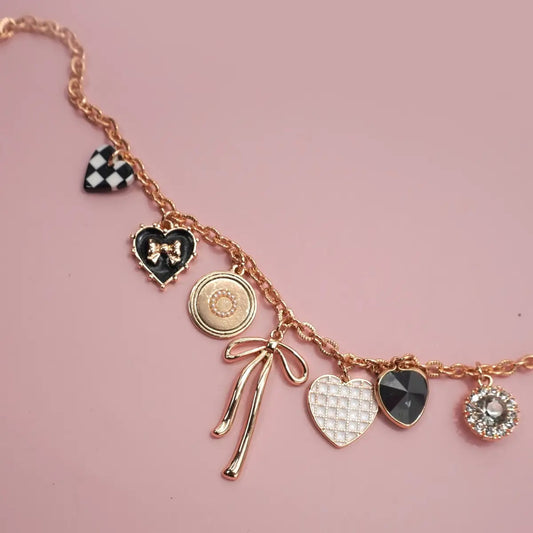 Checkered Heart Bow Rhinestone Charm Necklace