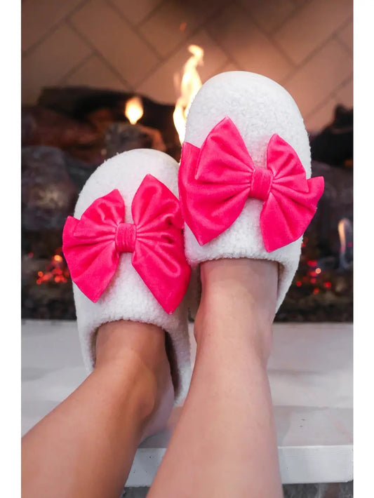 Cozy White & Hot Pink Bow Slippers