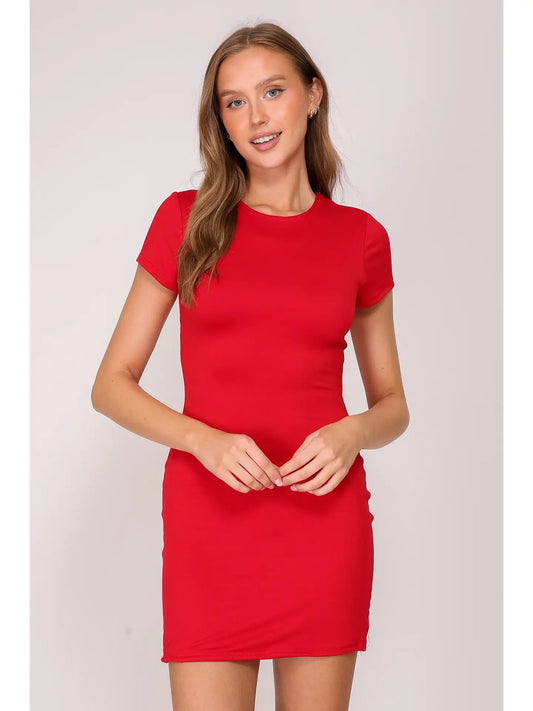 Brushed Knit Casual Dress-Red