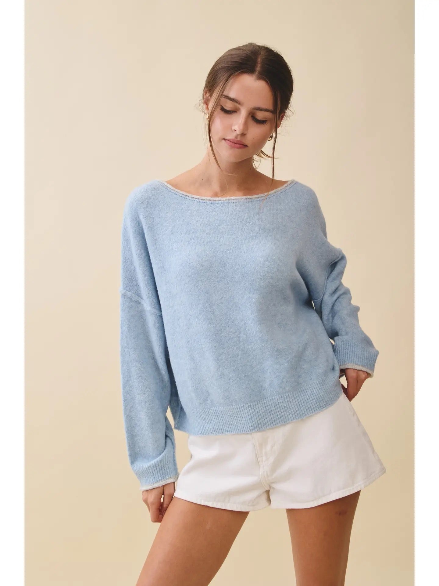 Blue Drop Shoulder Fuzzy Knit Pullover