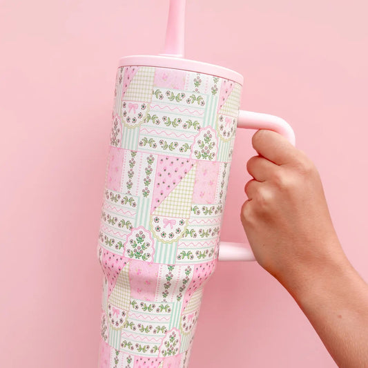 Floral Patchwork 40oz Tumbler - Spill Proof Lid + Flip Straw