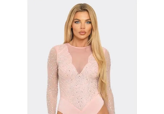 Mauve Mesh Long Sleeve Rhinestone Bodysuit