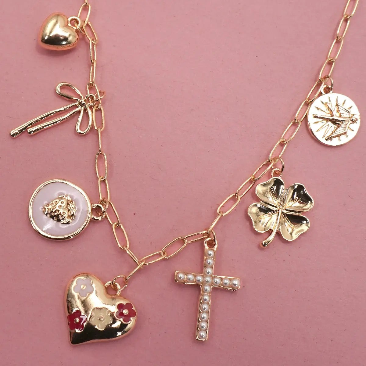 Cross Clover Heart Strawberry Charm Necklace