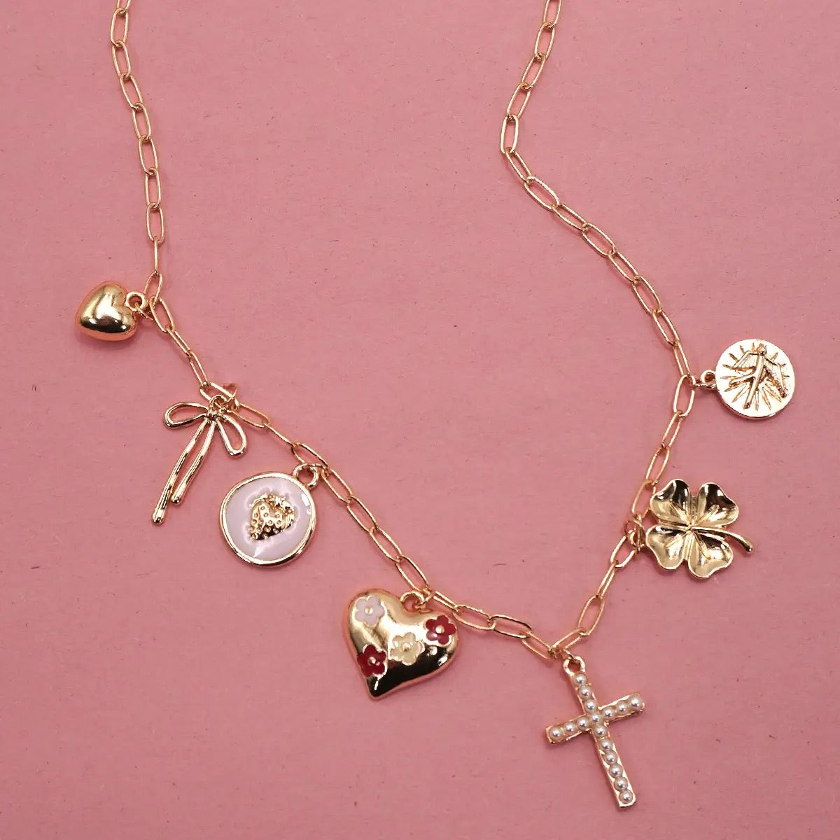 Cross Clover Heart Strawberry Charm Necklace