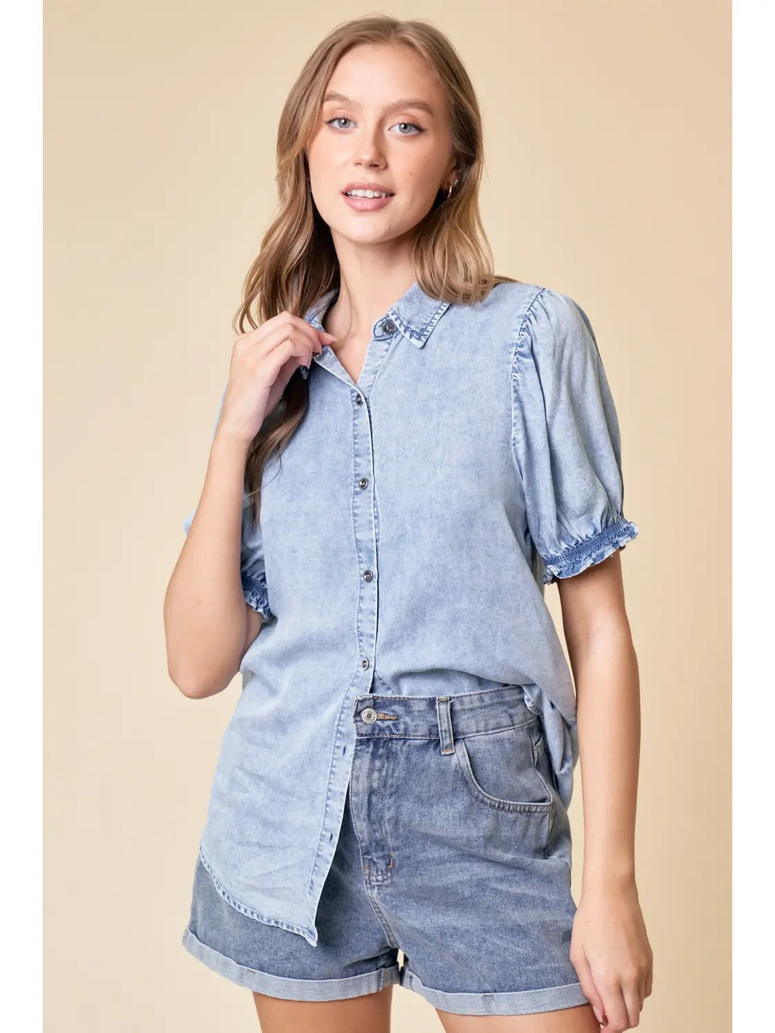 Denim Puff Sleeve Button Up Top