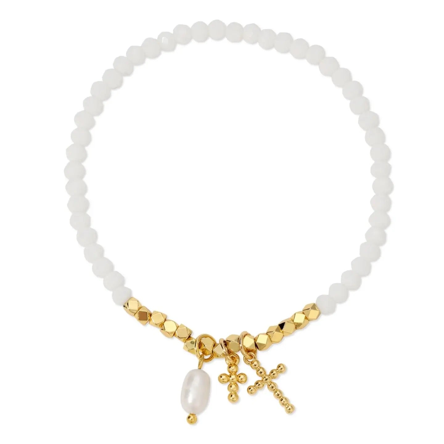 Splendid Iris Dotted Cross and Pearl Stretch Bracelet