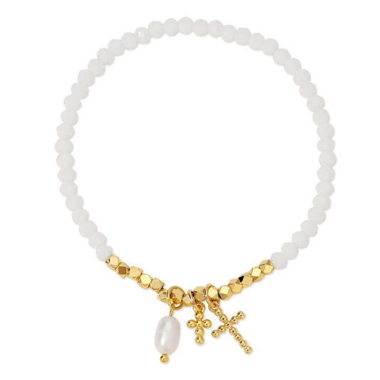 Splendid Iris Dotted Cross and Pearl Stretch Bracelet