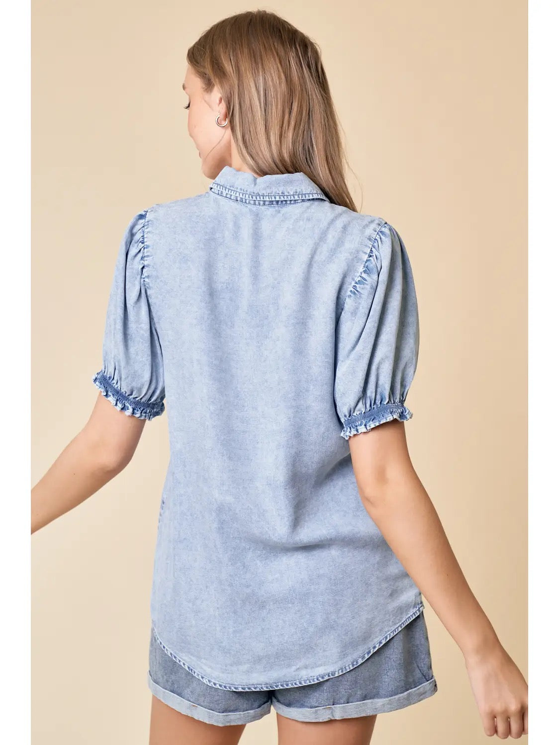Denim Puff Sleeve Button Up Top