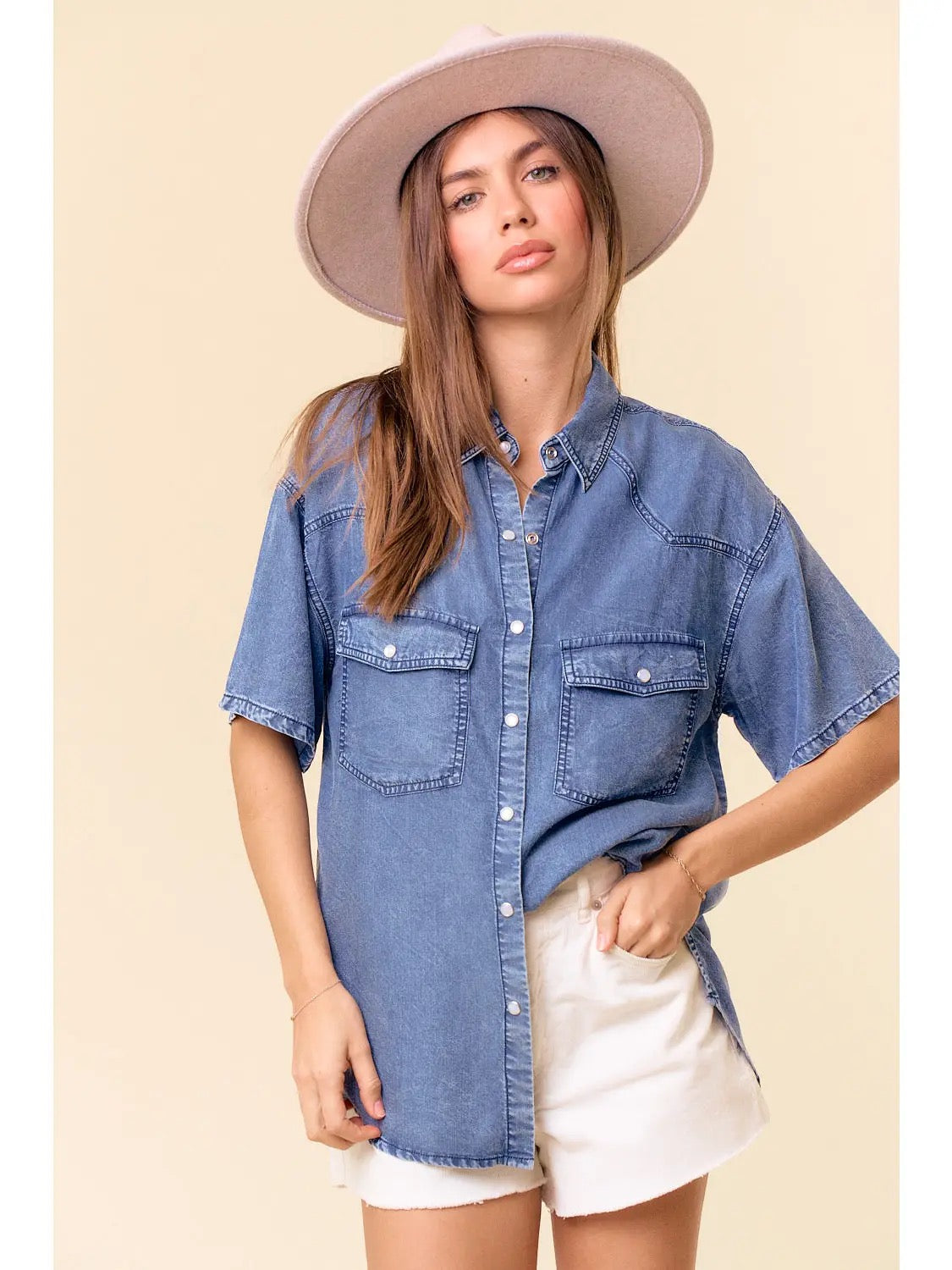 Short Sleeve Oversized Denim Button Down Top