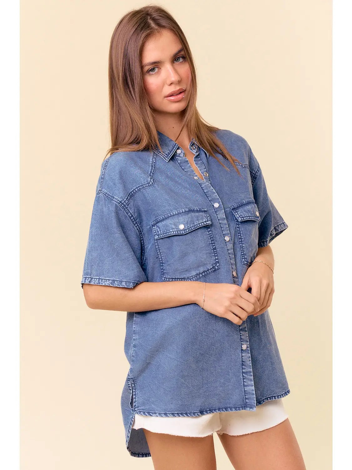 Short Sleeve Oversized Denim Button Down Top