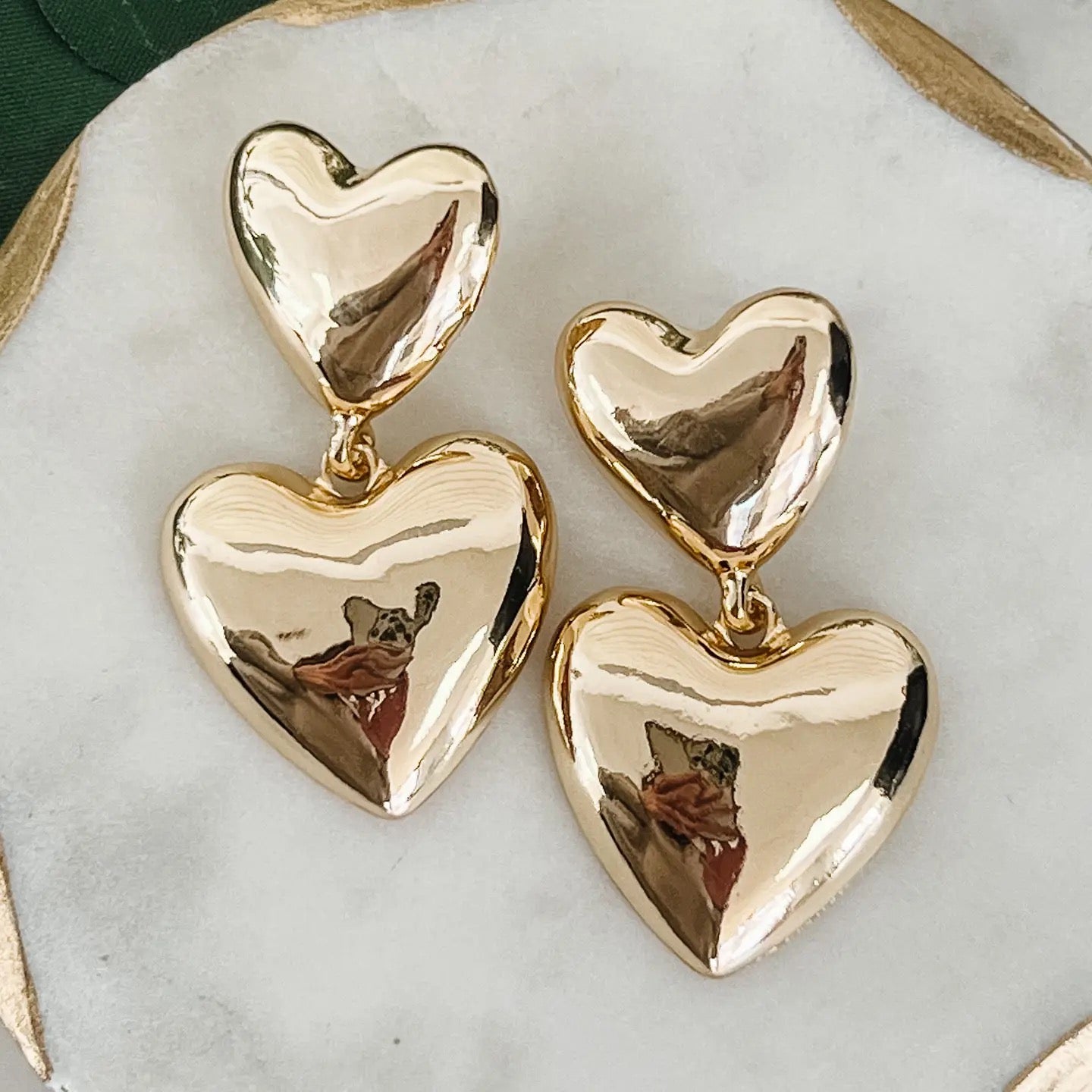 Gold Two-Tier Heart Dangle Earrings