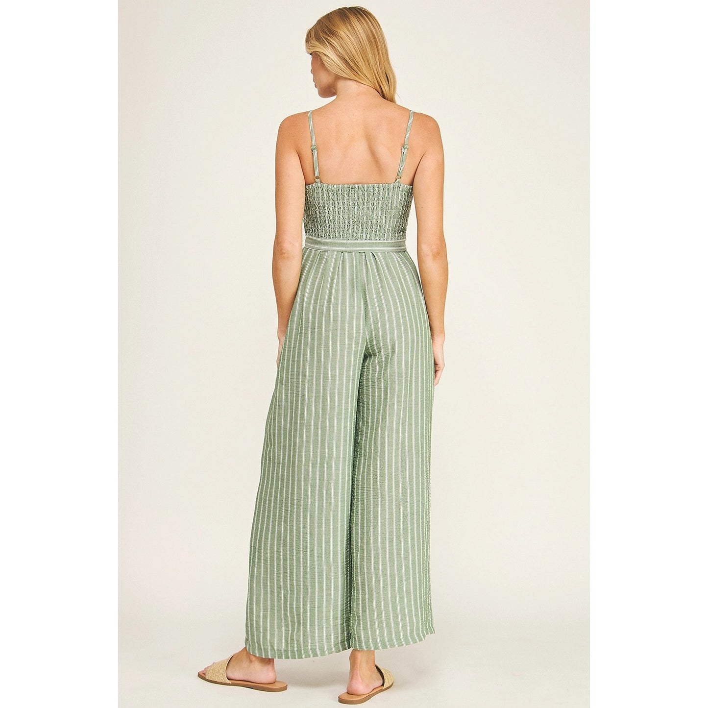 Sage Coastal Stripe Smocked Wide Leg Jumpsuit