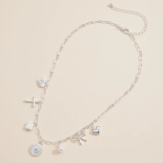 Silver Charm Necklace Heart, Cross, Compass Pearl & Bow