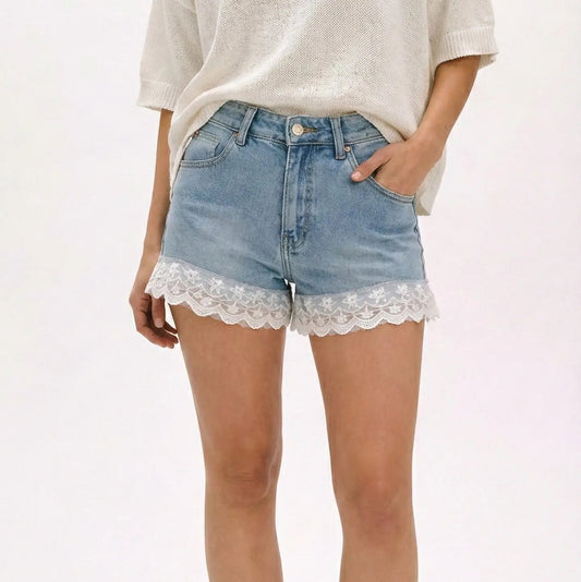 Lace Trim Denim Shorts
