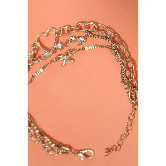 Multi Layer Bow Heart Station Rhinestone Bracelet