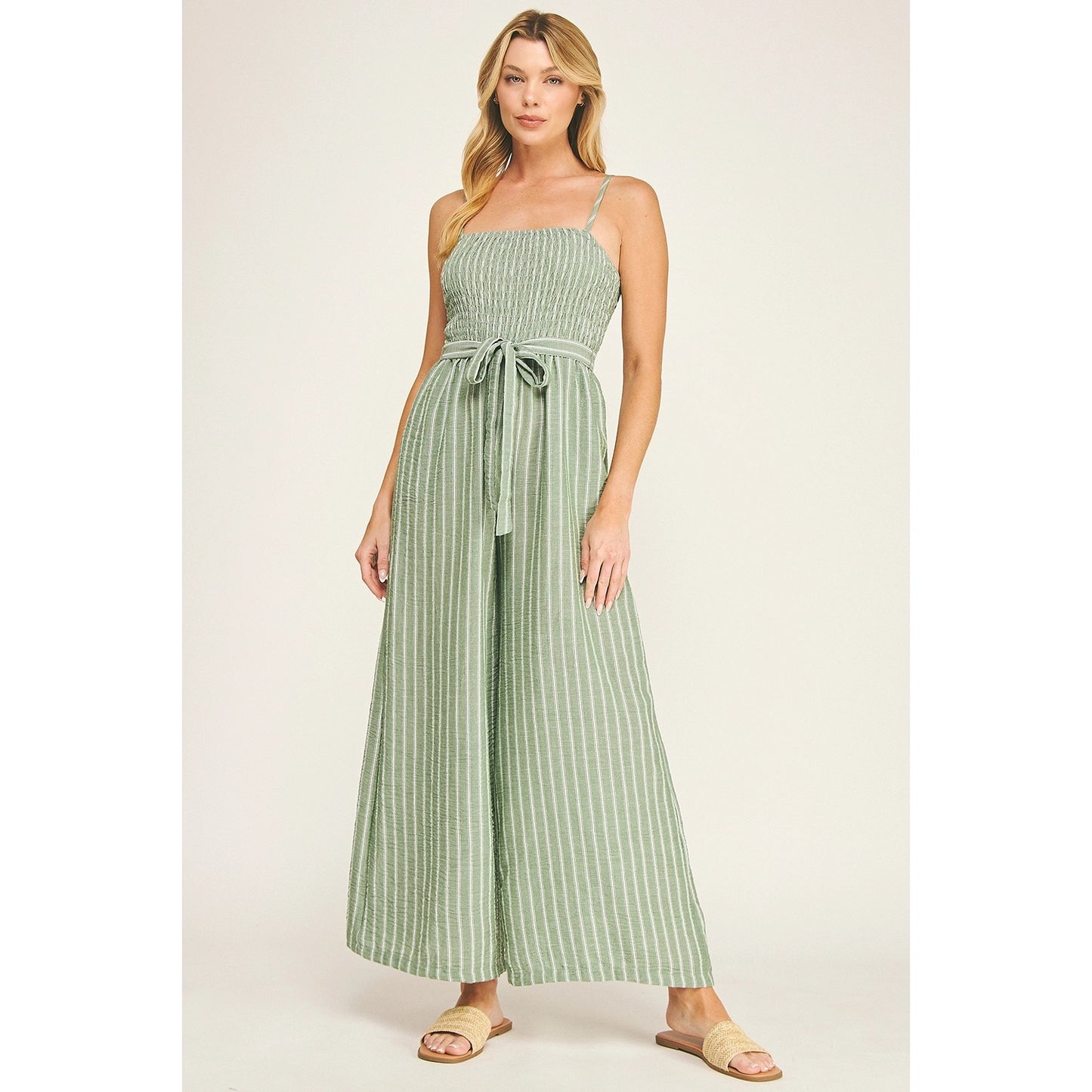Sage Coastal Stripe Smocked Wide Leg Jumpsuit