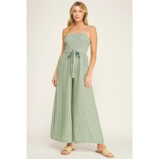 Sage Coastal Stripe Smocked Wide Leg Jumpsuit