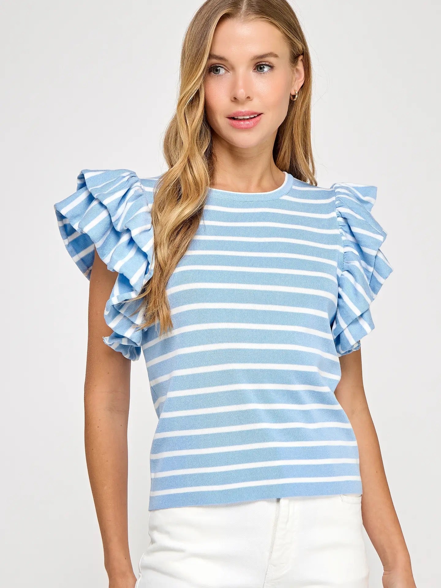 Chambray Layered Flutter Sleeve Stripe Top