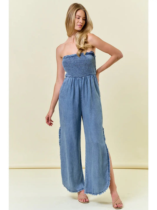 Denim Smocked Strapless Jumpsuit with Frayed Detail