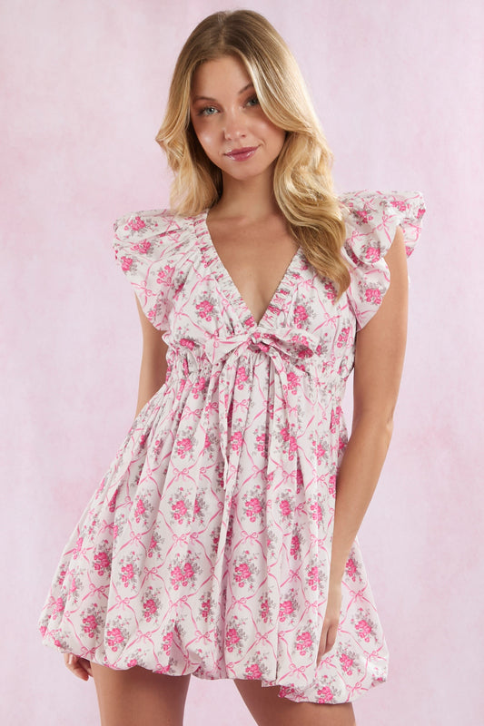Floral & Bow Prints V-Neck Bubble Hem Mini Dress